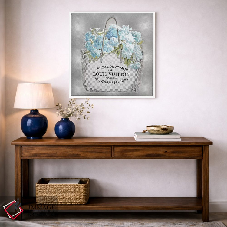 تابلو دکوراتیو دسته گل فیروزه ای روی زمینه نقره ای اثر مدلین بلیک - D4W