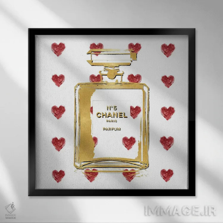 تابلو دکوراتیو عطر با قلب های قرمز اثر مدلین بلیک - نمای قابدار مشکی