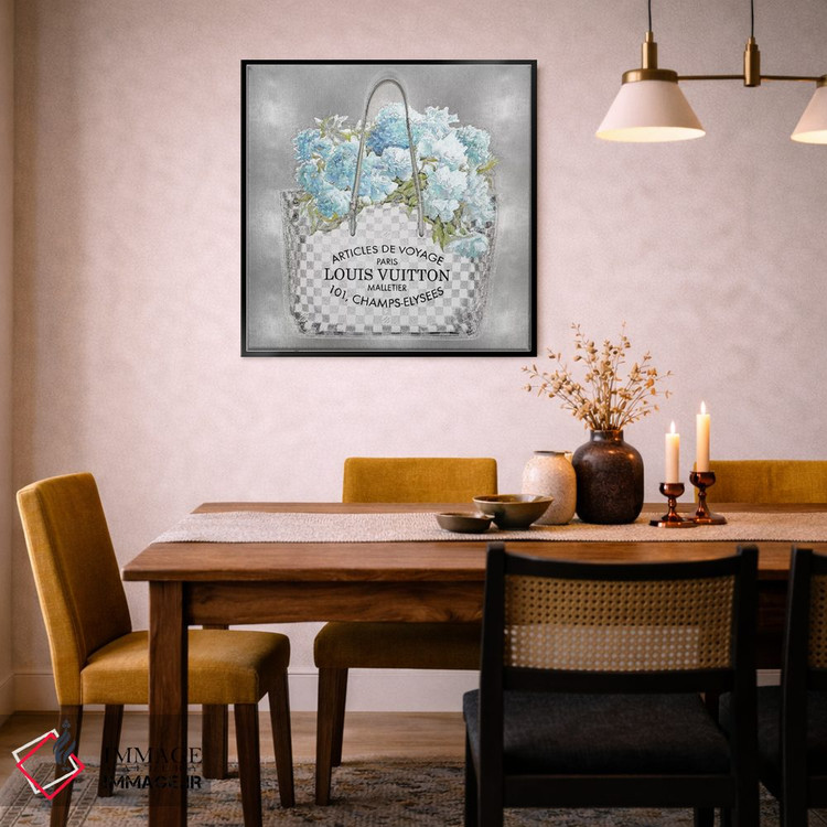 تابلو دکوراتیو دسته گل فیروزه ای روی زمینه نقره ای اثر مدلین بلیک - D6B