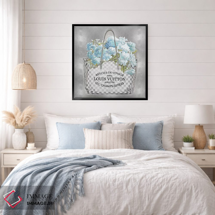 تابلو دکوراتیو دسته گل فیروزه ای روی زمینه نقره ای اثر مدلین بلیک - D5B