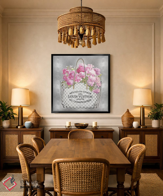 تابلو دکوراتیو دسته گل صورتی روی زمینه نقره ای اثر مدلین بلیک - D5B