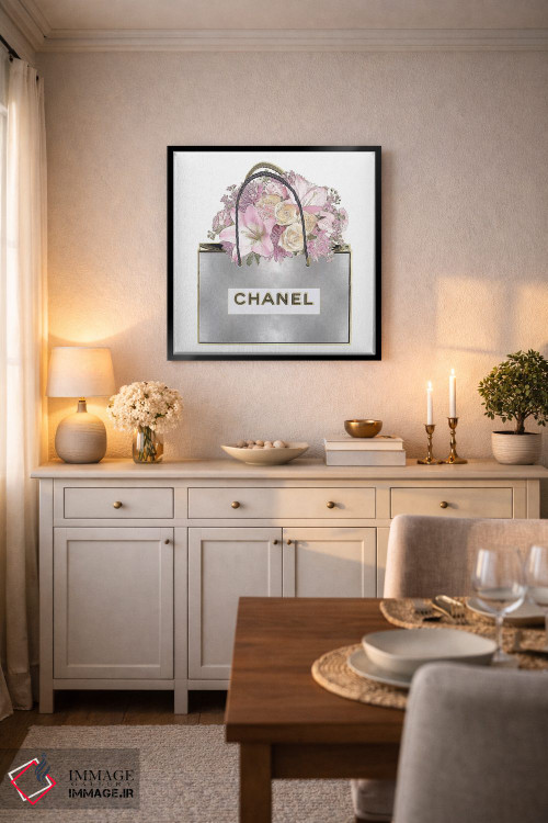 تابلو دکوراتیو کیف نقره ای و دسته گل صورتی اثر مدلین بلیک - D6B