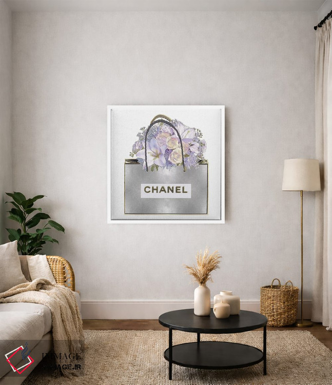 تابلو دکوراتیو کیف نقره ای و دسته گل بنفش اثر مدلین بلیک - D2W