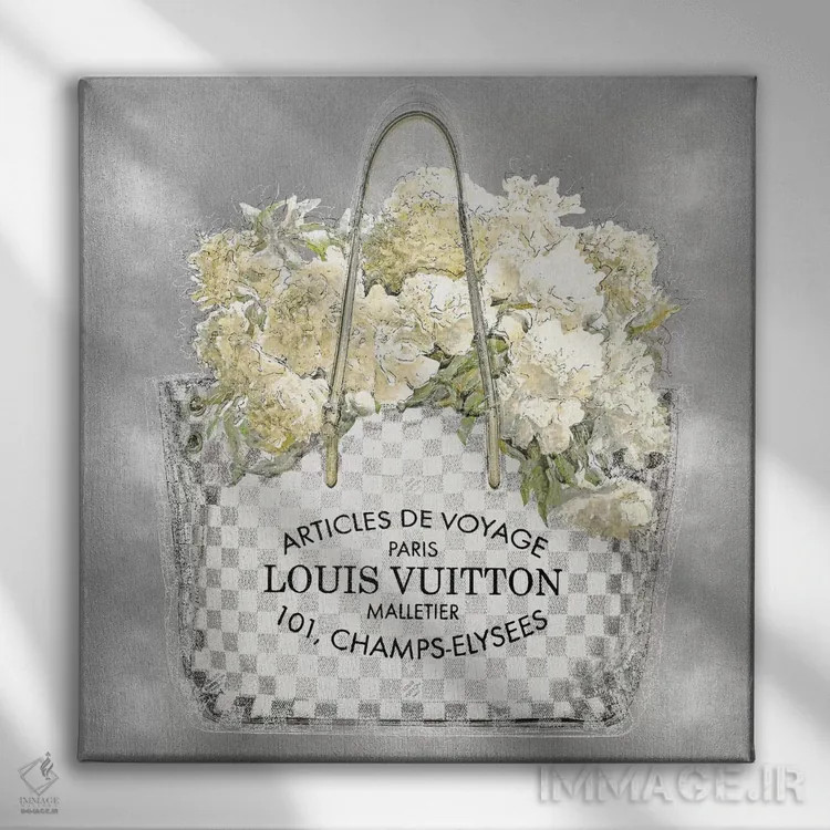 تابلو دکوراتیو دسته گل گلدار روی زمینه نقره ای اثر مدلین بلیک - نمای روبهرو روی دیوار