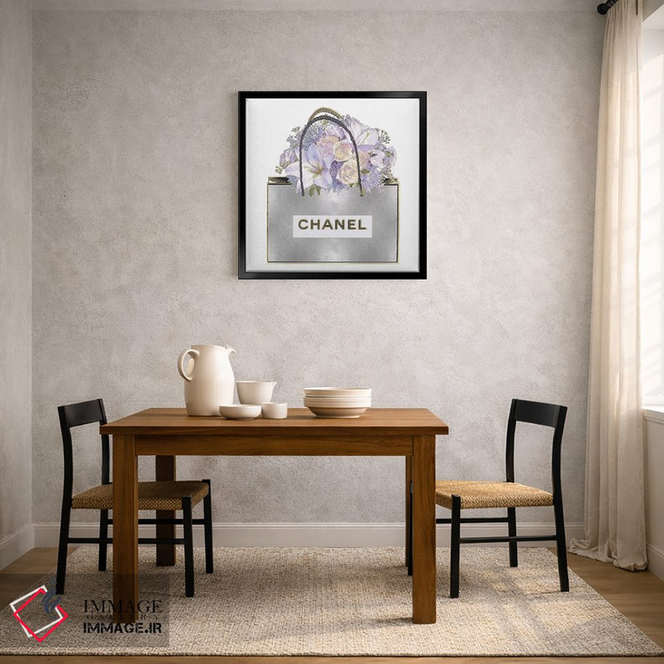 تابلو دکوراتیو کیف نقره ای و دسته گل بنفش اثر مدلین بلیک - D4B