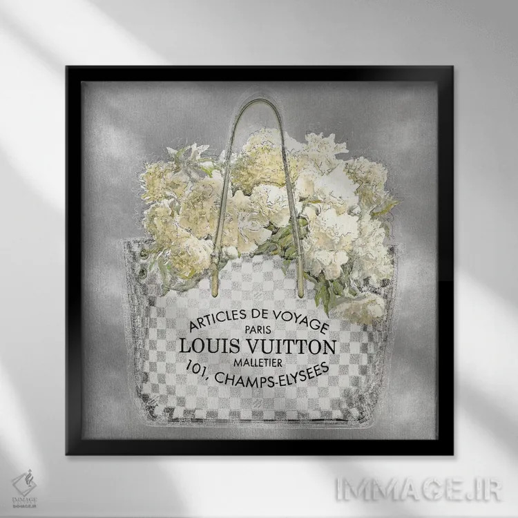 تابلو دکوراتیو دسته گل گلدار روی زمینه نقره ای اثر مدلین بلیک - نمای قابدار مشکی