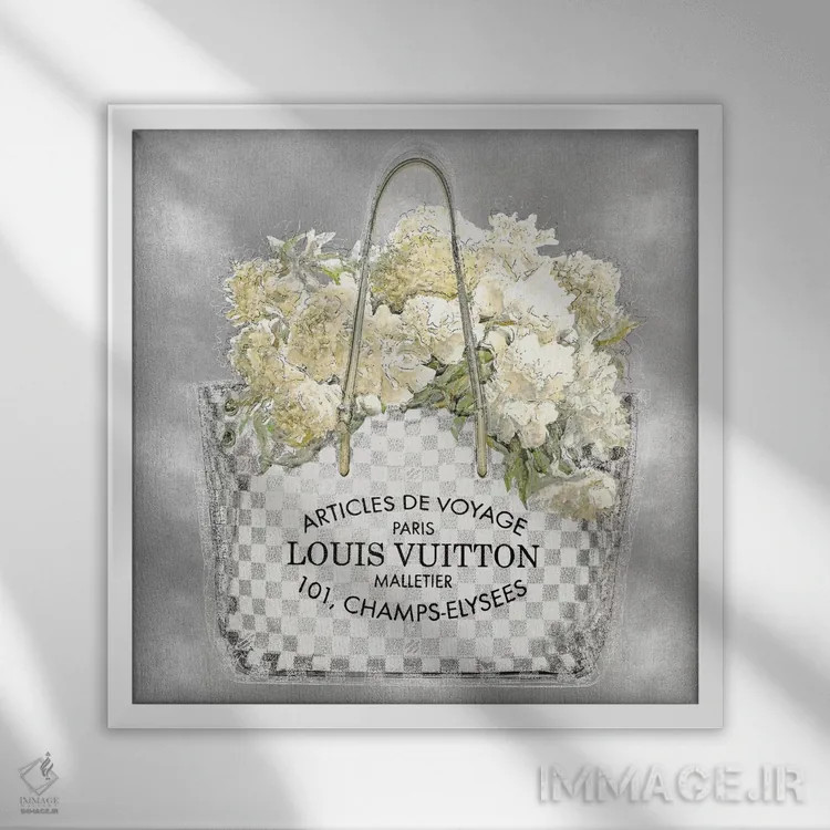 تابلو دکوراتیو دسته گل گلدار روی زمینه نقره ای اثر مدلین بلیک - نمای قابدار سفید