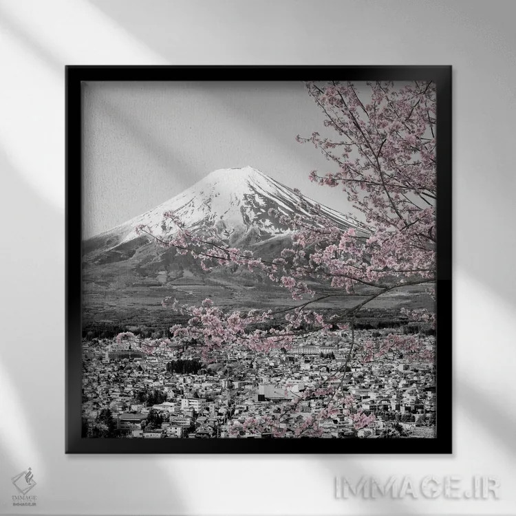 تابلو دکوراتیو منظره دل انگیز فوجی در فصل شکوفه های گیلاس اثر ملانی ویولا - نمای قابدار مشکی