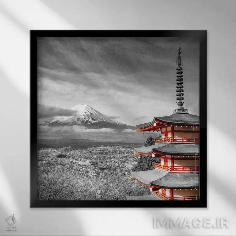 تابلو دکوراتیو نمای دوست داشتنی فوجی با پاگودای چوریتو به سبک کالرکی اثر ملانی ویولا - نمای قابدار مشکی