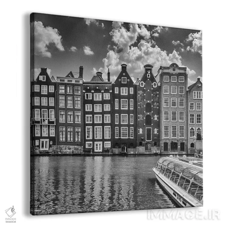 تابلو دکوراتیو خیابان دامراک و خانه های رقصان آمستردام | تک رنگ اثر ملانی ویولا - نمای پرسپکتیو محصول