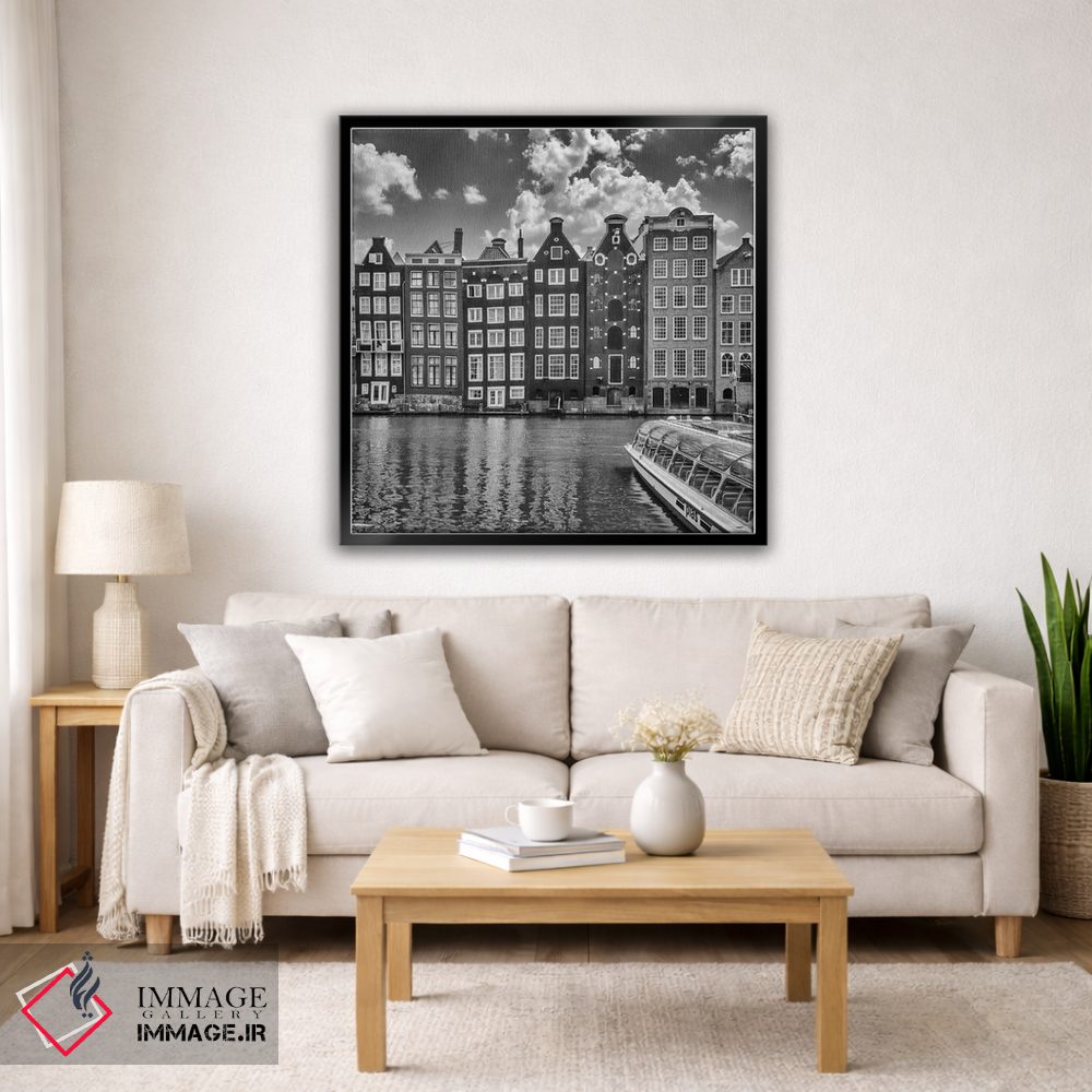 تابلو دکوراتیو خیابان دامراک و خانه های رقصان آمستردام | تک رنگ اثر ملانی ویولا - D2B