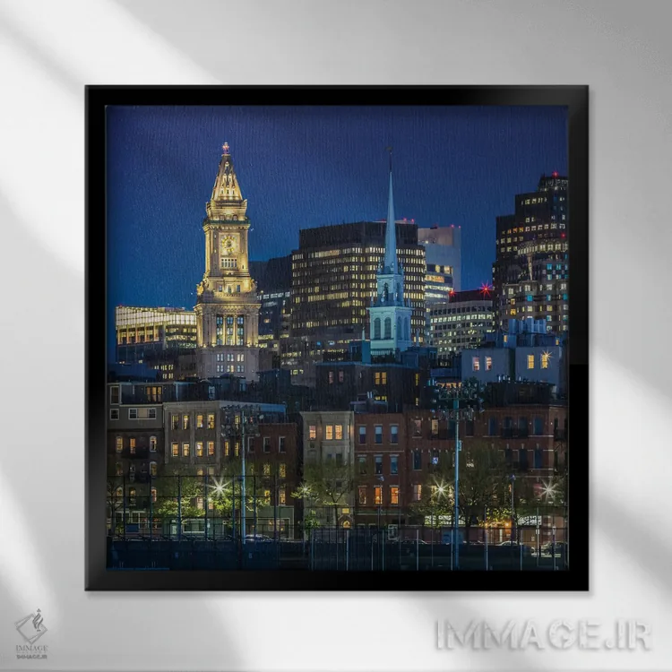 تابلو دکوراتیو افق بوستون در ساعت آبی اثر ملانی ویولا - نمای قابدار مشکی