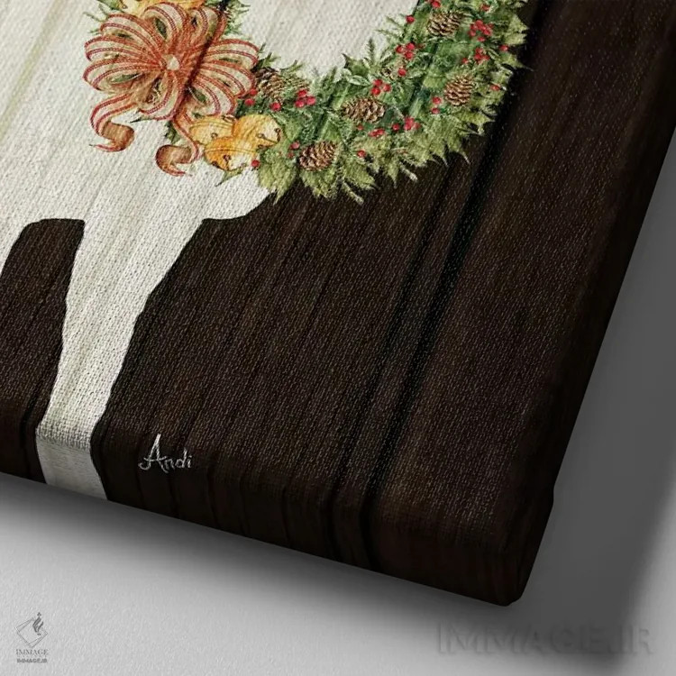 تابلو دکوراتیو گوزن چوبی با تاج گل ۲ اثر اندی متز - نمای نزدیک بافت بوم