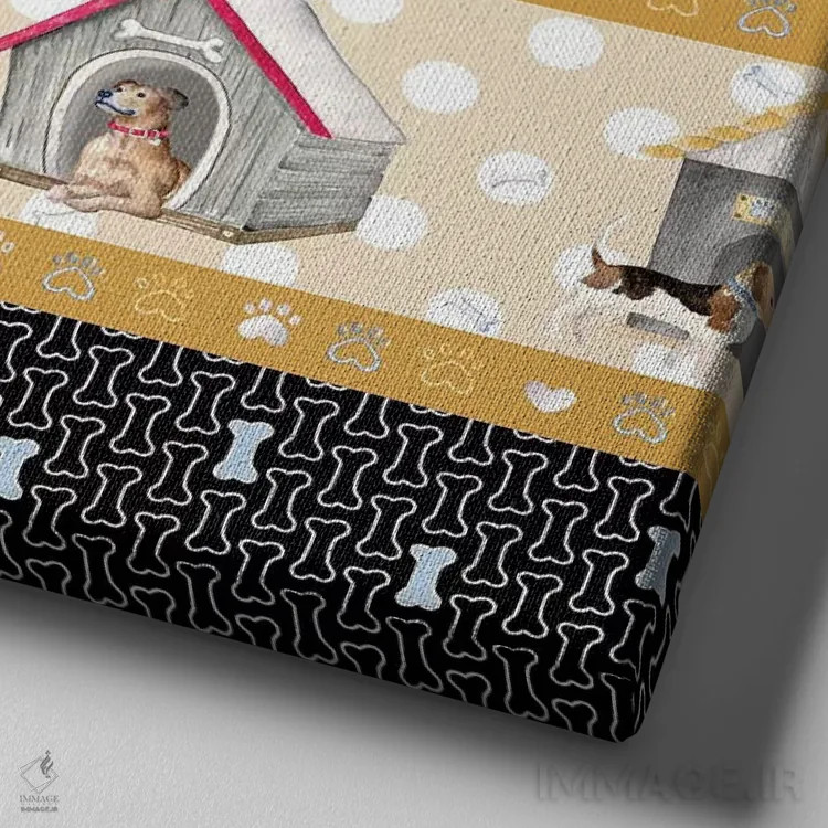 تابلو دکوراتیو زندگی یک سگ روی پنل چهارخانه اثر اندی متز - نمای نزدیک بافت بوم