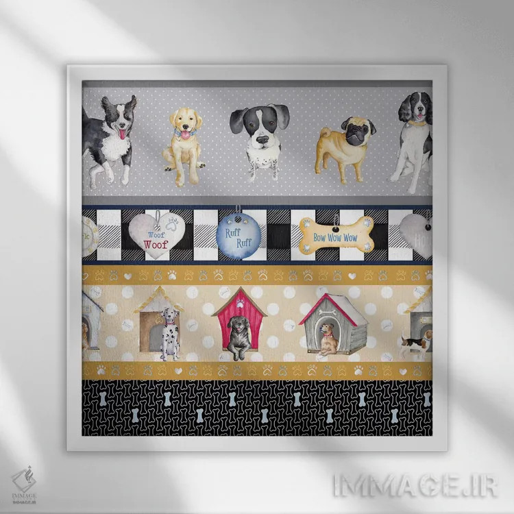 تابلو دکوراتیو زندگی یک سگ روی پنل چهارخانه اثر اندی متز - نمای قابدار سفید