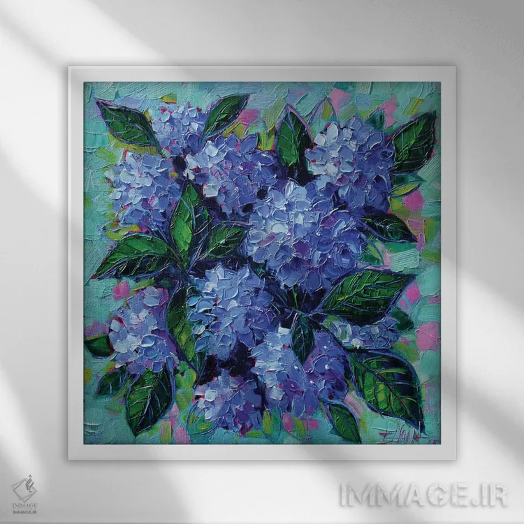 تابلو انتزاعی هورتانسیاهای آبی اثر مونا ادولسکو - نمای قابدار سفید