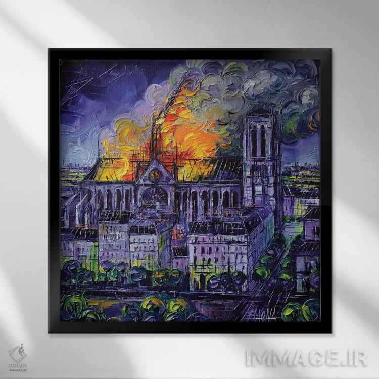 تابلو دکوراتیو آتش سوزی نوتردام پاریس اثر مونا ادولسکو - نمای قابدار مشکی