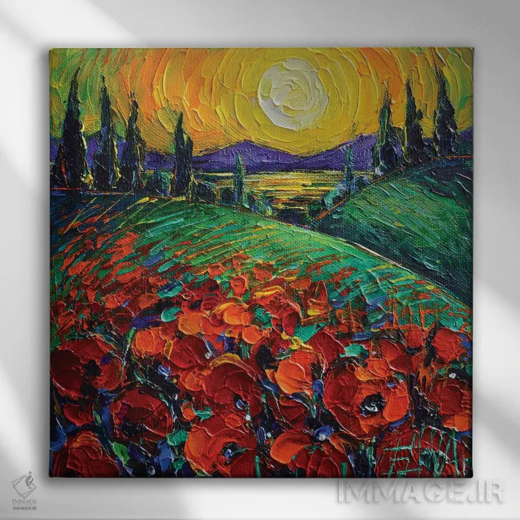 تابلو دکوراتیو غروب منظره شقایق ها اثر مونا ادولسکو - نمای روبهرو روی دیوار