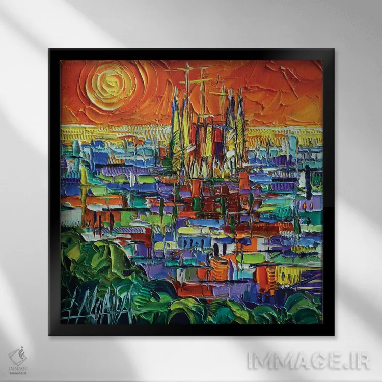 تابلو دکوراتیو منظره بارسلون اثر مونا ادولسکو - نمای قابدار مشکی