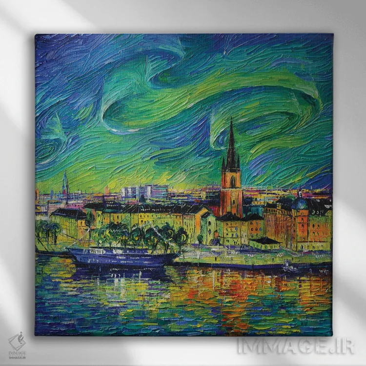 تابلو دکوراتیو شفق قطبی بر فراز استکهلم اثر مونا ادولسکو - نمای روبهرو روی دیوار