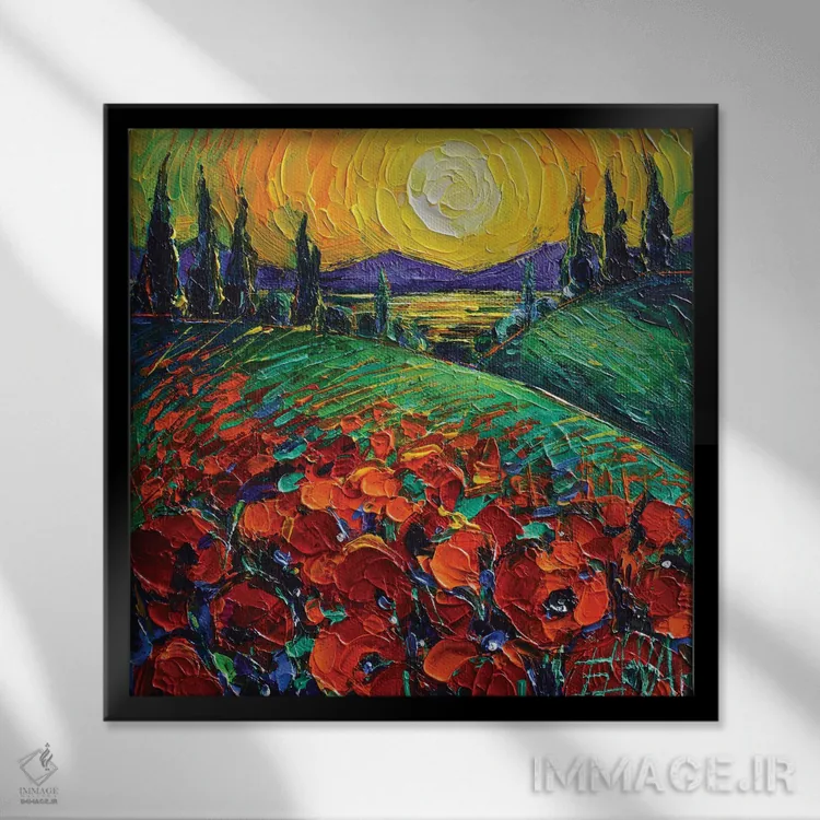 تابلو دکوراتیو غروب منظره شقایق ها اثر مونا ادولسکو - نمای قابدار مشکی