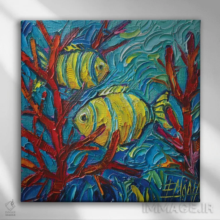 تابلو دکوراتیو ماهی های زرد گرمسیری زیر آب اثر مونا ادولسکو - نمای روبهرو روی دیوار