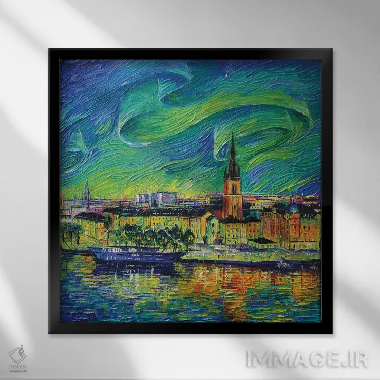 تابلو دکوراتیو شفق قطبی بر فراز استکهلم اثر مونا ادولسکو - نمای قابدار مشکی