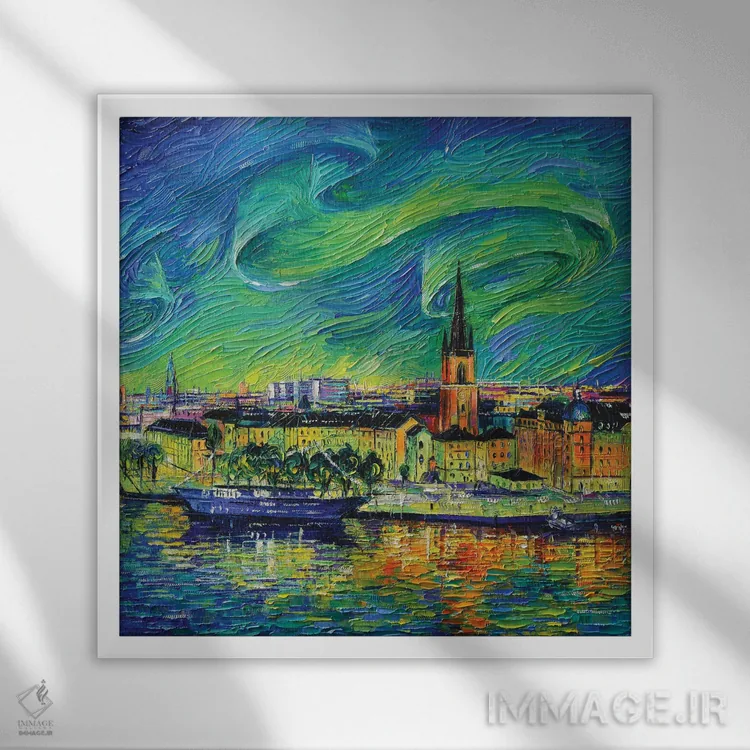 تابلو دکوراتیو شفق قطبی بر فراز استکهلم اثر مونا ادولسکو - نمای قابدار سفید