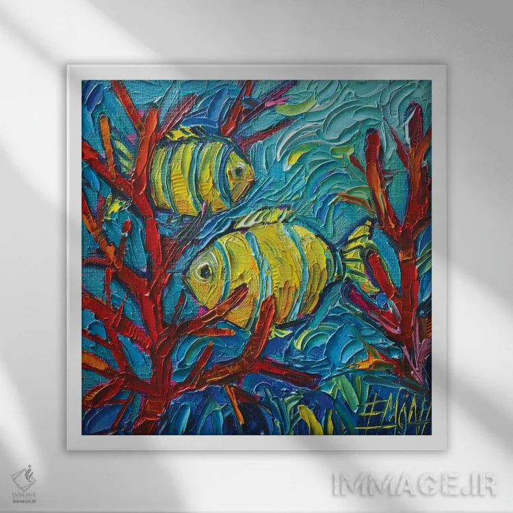 تابلو دکوراتیو ماهی های زرد گرمسیری زیر آب اثر مونا ادولسکو - نمای قابدار سفید