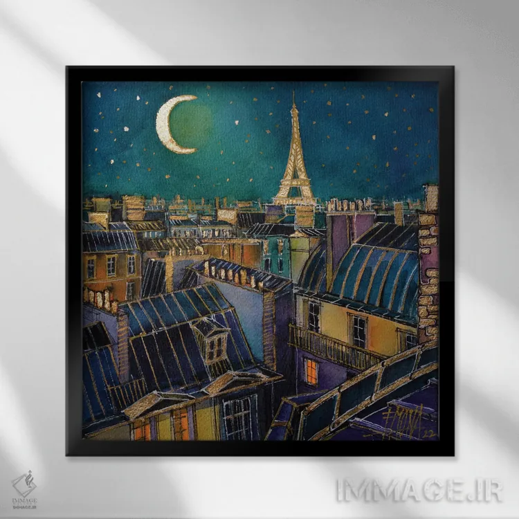 تابلو دکوراتیو شب بر پشت بام های پاریس اثر مونا ادولسکو - نمای قابدار مشکی