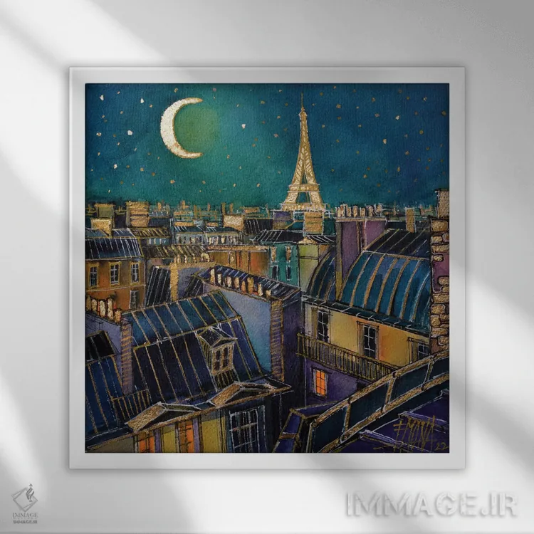 تابلو دکوراتیو شب بر پشت بام های پاریس اثر مونا ادولسکو - نمای قابدار سفید