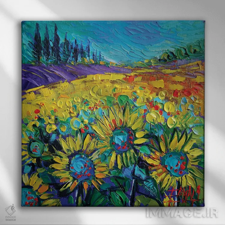 تابلو انتزاعی آفتابگردان های شاد اثر مونا ادولسکو - نمای روبهرو روی دیوار