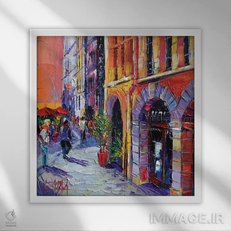 تابلو دکوراتیو پیاده روی در محله قدیمی لیون اثر مونا ادولسکو - نمای قابدار سفید