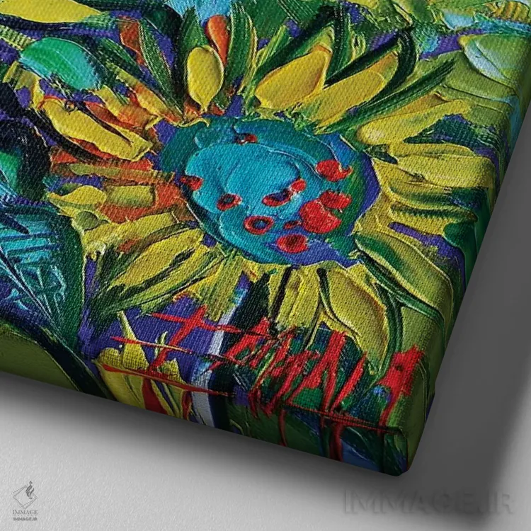 تابلو انتزاعی آفتابگردان های شاد اثر مونا ادولسکو - نمای نزدیک بافت بوم