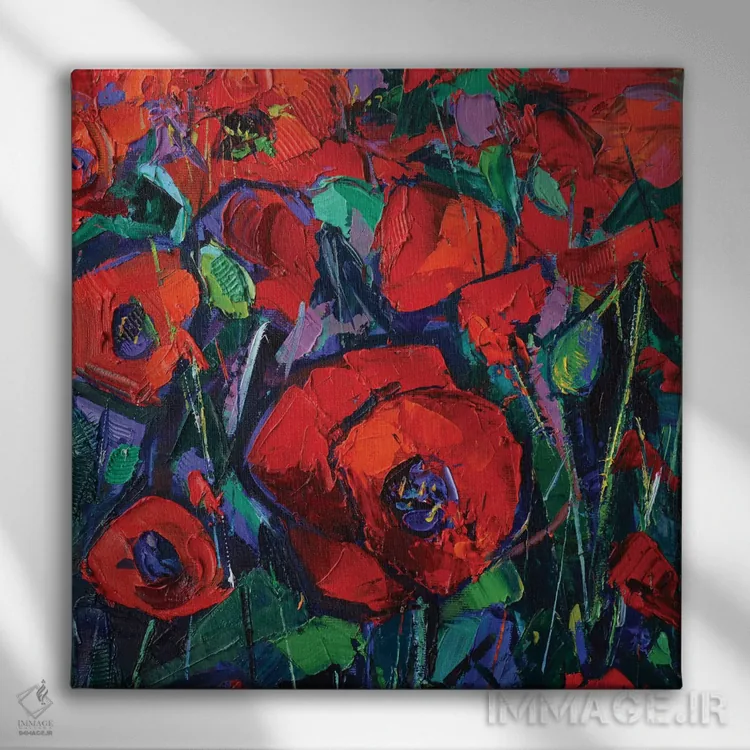 تابلو انتزاعی شقایق های داغ اثر مونا ادولسکو - نمای روبهرو روی دیوار