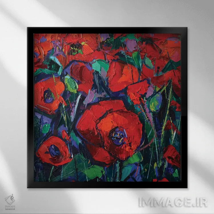 تابلو انتزاعی شقایق های داغ اثر مونا ادولسکو - نمای قابدار مشکی