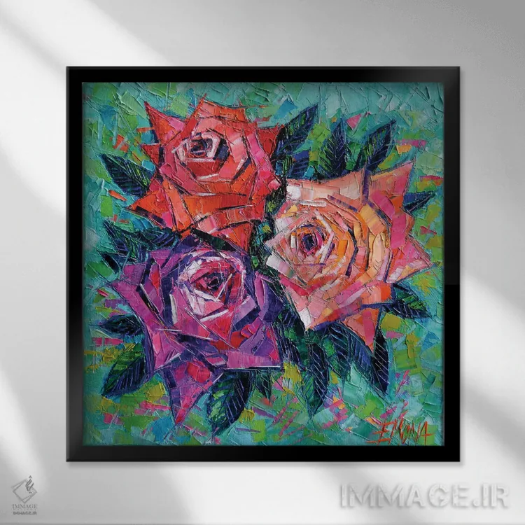 تابلو انتزاعی دسته گل انتزاعی رزها اثر مونا ادولسکو - نمای قابدار مشکی