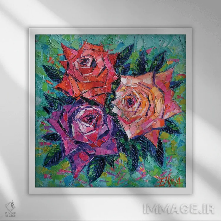 تابلو انتزاعی دسته گل انتزاعی رزها اثر مونا ادولسکو - نمای قابدار سفید