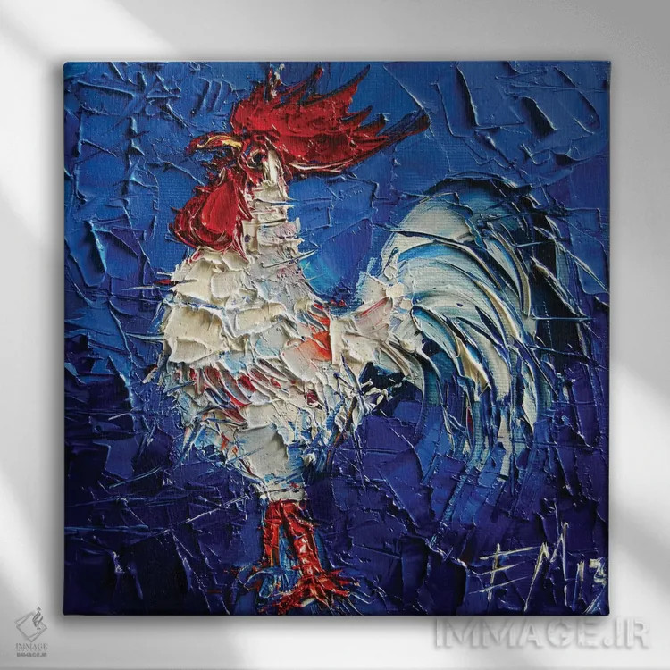 تابلو دکوراتیو خروس سفید کوچک انتزاعی اثر مونا ادولسکو - نمای روبهرو روی دیوار