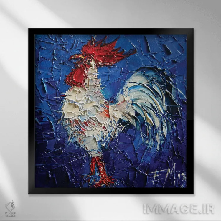 تابلو دکوراتیو خروس سفید کوچک انتزاعی اثر مونا ادولسکو - نمای قابدار مشکی