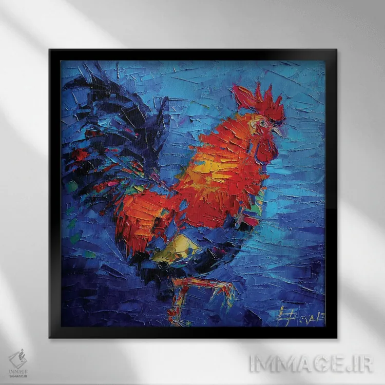 تابلو انتزاعی خروس رنگارنگ انتزاعی اثر مونا ادولسکو - نمای قابدار مشکی