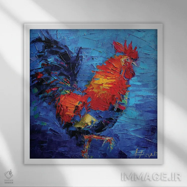 تابلو انتزاعی خروس رنگارنگ انتزاعی اثر مونا ادولسکو - نمای قابدار سفید