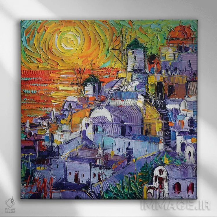 تابلو دکوراتیو نور جادویی اویا سانتورینی اثر مونا ادولسکو - نمای روبهرو روی دیوار