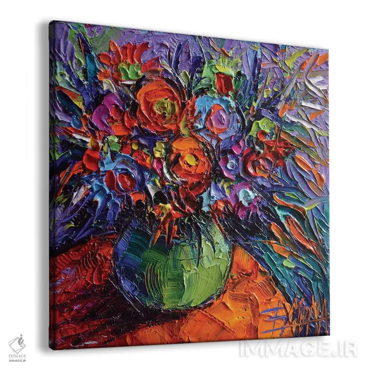 تابلو انتزاعی گل انتزاعی روی میز نارنجی اثر مونا ادولسکو - نمای پرسپکتیو محصول