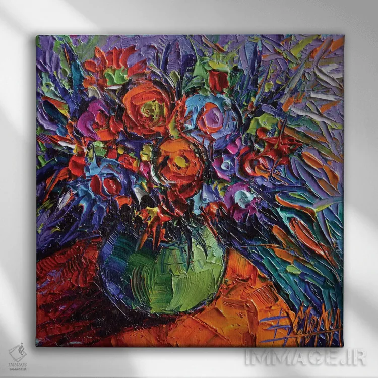 تابلو انتزاعی گل انتزاعی روی میز نارنجی اثر مونا ادولسکو - نمای روبهرو روی دیوار