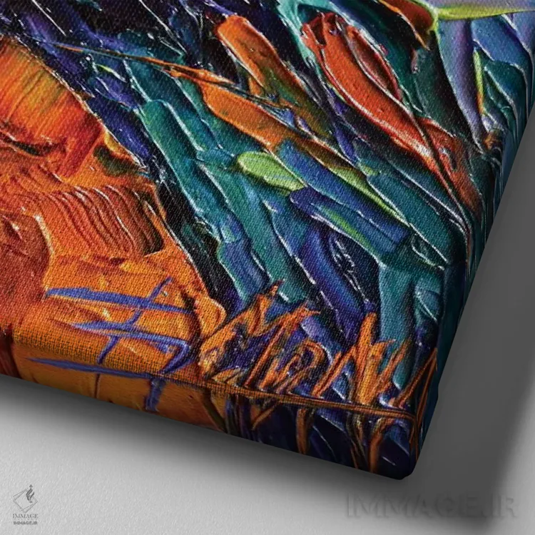 تابلو انتزاعی گل انتزاعی روی میز نارنجی اثر مونا ادولسکو - نمای نزدیک بافت بوم