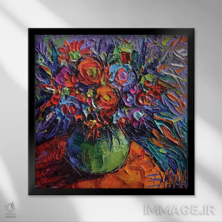 تابلو انتزاعی گل انتزاعی روی میز نارنجی اثر مونا ادولسکو - نمای قابدار مشکی