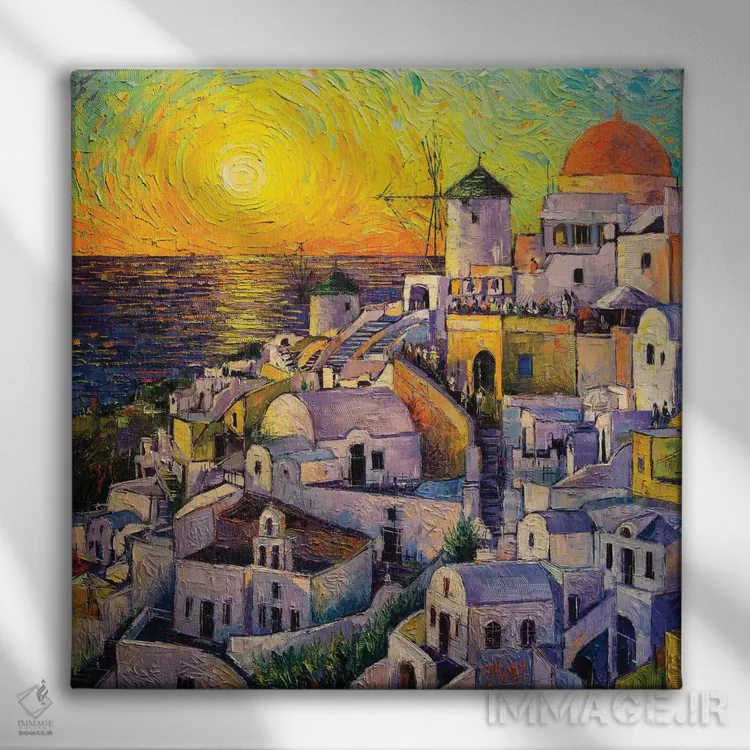 تابلو دکوراتیو غروب در سانتورینی اثر مونا ادولسکو - نمای روبهرو روی دیوار