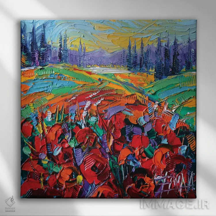 تابلو دکوراتیو برداشت از دشت شقایق اثر مونا ادولسکو - نمای روبهرو روی دیوار