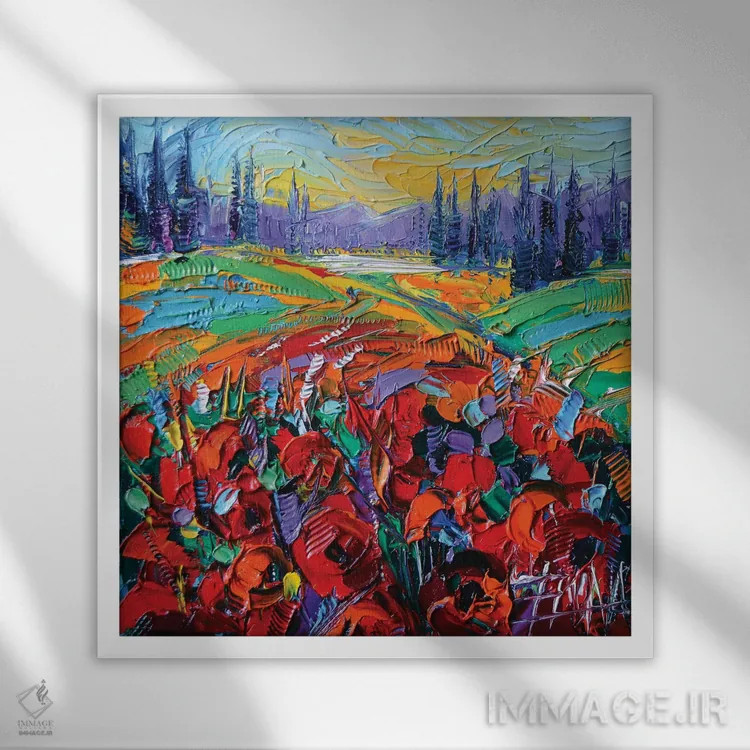 تابلو دکوراتیو برداشت از دشت شقایق اثر مونا ادولسکو - نمای قابدار سفید